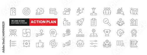 Set of 36 Action Plan line icons set. Action Plan outline icons with editable stroke collection. Includes Check, Objective, Strategy, Analysis, Schedule, and More.