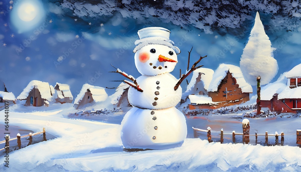 Obraz premium A snowman standing in a beautiful winter village landscape