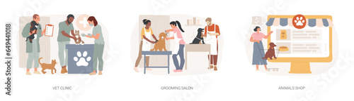 Animal service and care isolated concept vector illustration set. Vet clinic, grooming salon, animals shop, veterinary hospital, pet goods e-shop, pets vaccination, doggie spa vector concept.