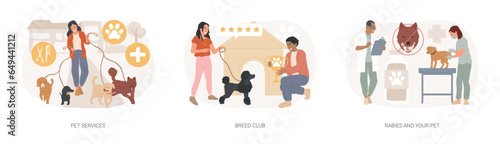 Animal care services isolated concept vector illustration set. Pet services, breed club, rabies and pet, dog walking, grooming salon, dog standard, training service, vaccination vector concept.