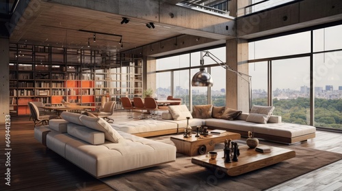 Penthouse apartment with industrial design and concrete accents and floor-to-ceiling windows