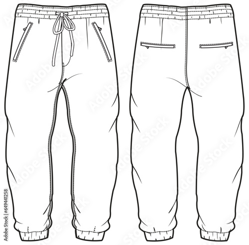 Men's Jogger bottom front and back view flat sketch fashion illustration, Knitted track pants vector template, Sweatpants design drawing