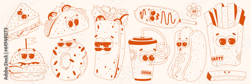 Retro groovy fast food characters set. Trendy cartoon style 60s - 70s. Hamburger, burrito, taco, french fries, corn dog and more. Retro vector illustration in a modern way in monochrome red palette.