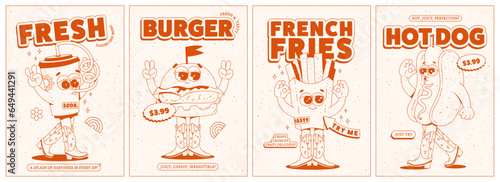 Posters set with trendy retro groovy fast food characters. Contemporary cartoon style on 60s-70s characters. Mascots for bar and restaurant. Vector illustration in monochrome red palette.