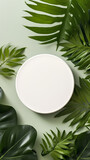 White round template podium mockup for natural organic cosmetic product presentation ad concept on green eco forest fresh leaves nature flat lay background, trendy stylish minimalist flatlay backdrop