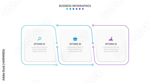 Timeline infographic with infochart. Modern presentation template with 3 spets for business process. Website template on white background for concept modern design. Horizontal layout.