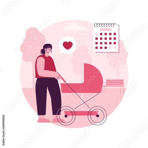 Maternity leave abstract concept vector illustration. Pregnant woman, expecting a baby, happy mother, working mom, home office, care for children, baby carriage, family walk abstract metaphor.