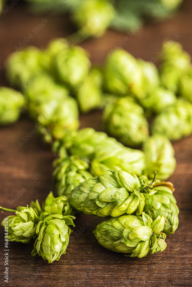 Green hops crop in bowl on wooden table. Green hops crop in bowl on wooden table.