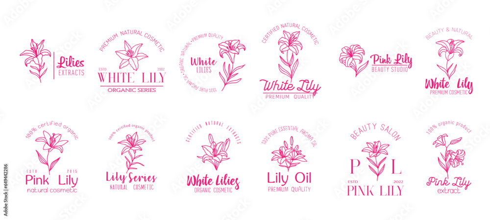 Lily flowers minimal icons, oil, natural cosmetics Lily flowers minimal icons, oil, natural cosmetics