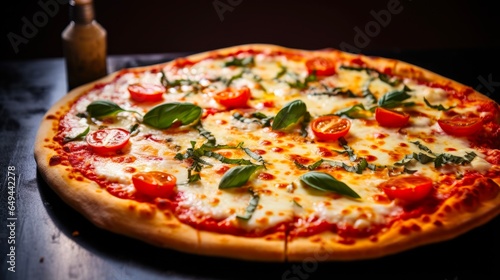 Mouthwatering Margherita Pizza with Melting Mozzarella, Fresh Tomatoes, and Basil on a Crispy Dark Crust - Closeup Baked Italian Pizza