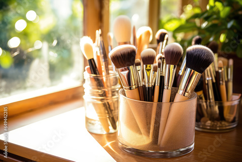 Makeup brushes on the table in front of the window
