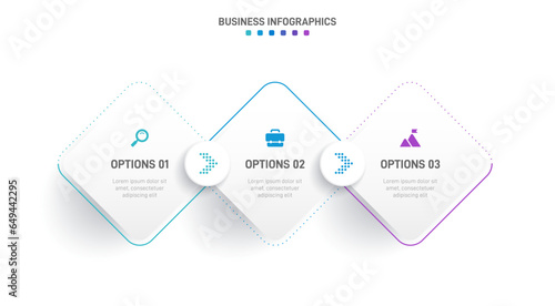 Timeline infographic with infochart. Modern presentation template with 3 spets for business process. Website template on white background for concept modern design. Horizontal layout.