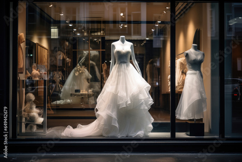 Foto Elegant evening dress in a shop window in a shopping mall