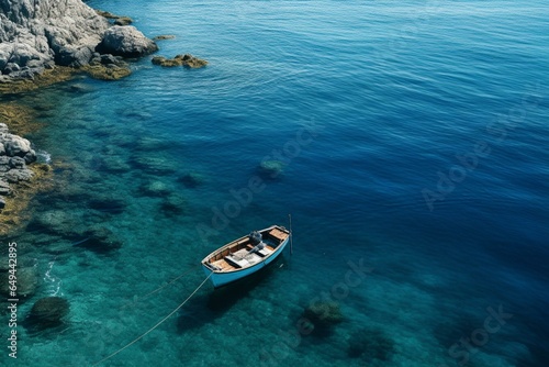 A boat navigates rough deep blue waters near the coast. Generative AI © Isabella