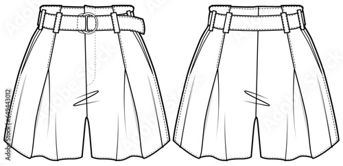 Womens belted paper bag waist shorts front and back view flat sketch fashion illustration drawing vector template