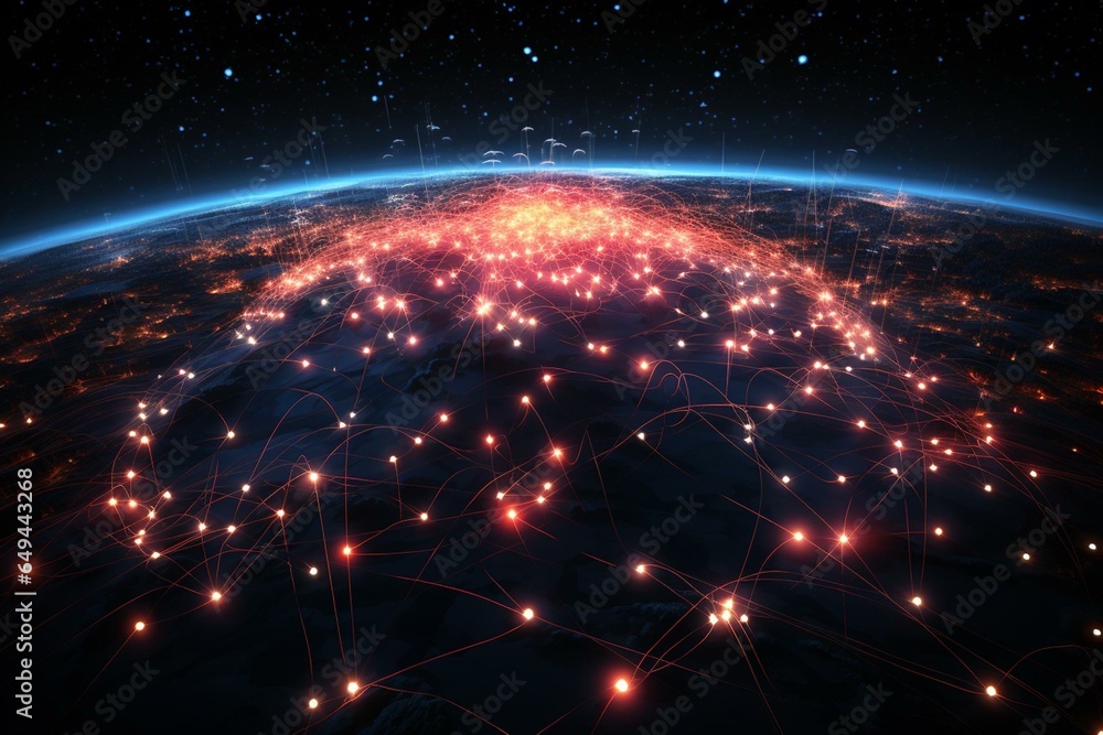 Illustration of a glowing network grid enabling intercontinental internet using space satellites. Generative AI - obrazy, fototapety, plakaty 