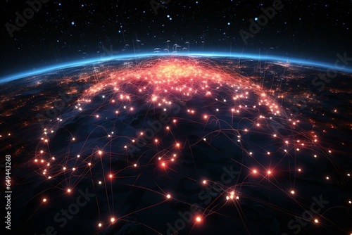 Illustration of a glowing network grid enabling intercontinental internet using space satellites. Generative AI