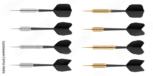 Black dart arrows with metal tip isolated on white background. Dart throwing sport game, dartboard equipment. Vector illustration