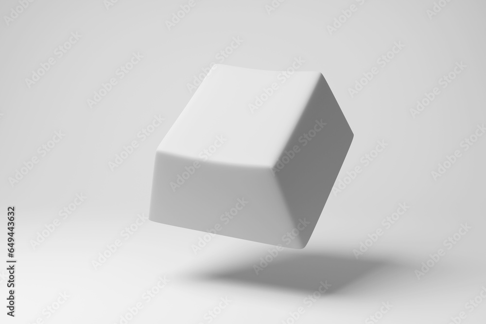 White key cap of keyboard floating in mid air on white background in monochrome and minimalism. Illustration as design element and copy space for computer related topics - obrazy, fototapety, plakaty 