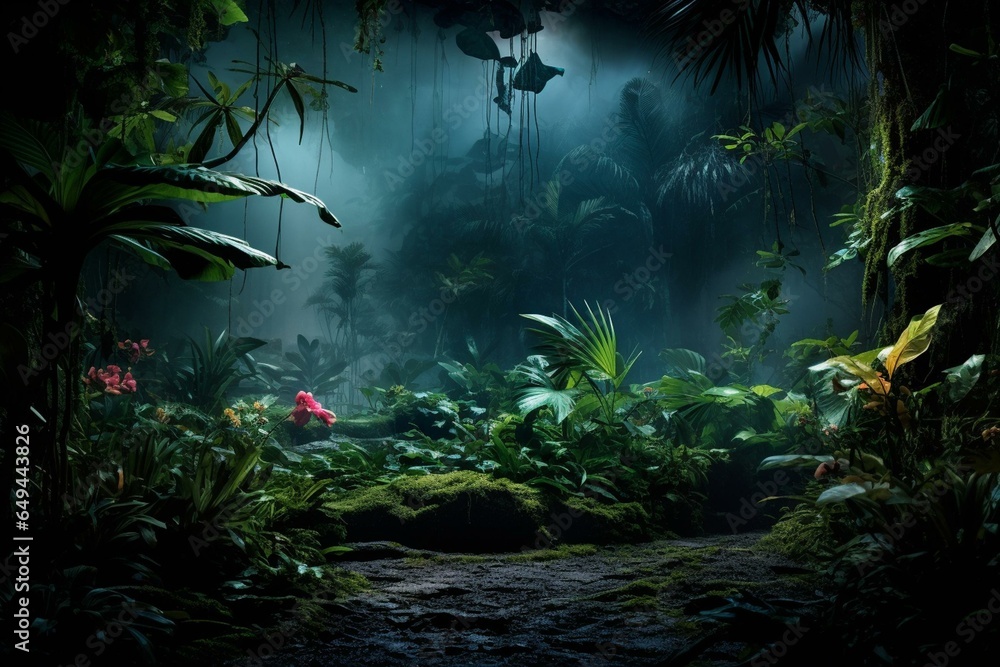 Nighttime ambiance of a lush tropical jungle with rainforest vibes. Generative AI