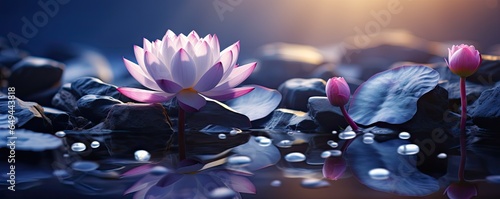 Water lotus flower surrounded by stones in water stream  #649443818