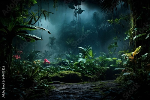 Nighttime ambiance of a lush tropical jungle with rainforest vibes. Generative AI