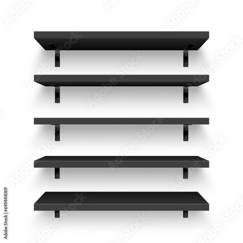 Realistic black store shelves with wall mount. Empty product shelf, grocery wall rack. Mall and supermarket furniture, bookshelf. Modern interior design element, room decoration. Vector illustration