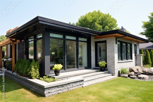 Contemporary bungalow extends with a sunroom and features a fuss-free rear patio garden. Generative AI
