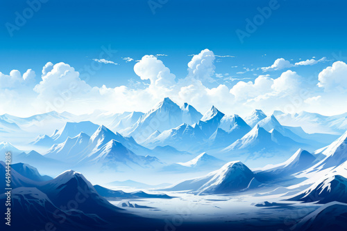 Winter mountains landscape with snow and clear blue sky.