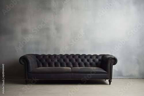 Dark modern tufted sofa, black couch with copy space against empty wall. Generative AI