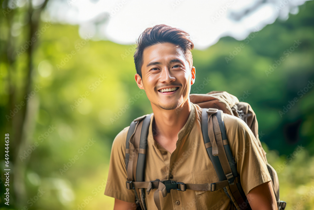 Young man with backpack hiking in the forest. Asian male hiker looking at camera.