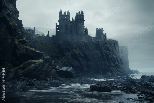 a eerie fortress constructed from rock, ideal for a frightful film. Generative AI