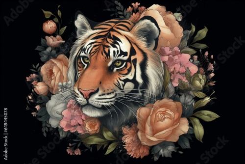 Tiger amidst peonies, perfect for clothing, prints, tattoos. Generative AI
