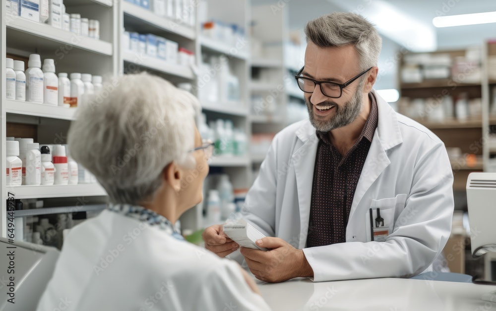 Male pharmacist is helping and providing care for an old woman at the pharmacy. Generative AI
