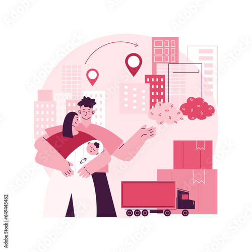 Interurban migration abstract concept vector illustration. Movement of people, census metropolitan area, buying ticket, traveling by plane train car, people with bags suitcases abstract metaphor.