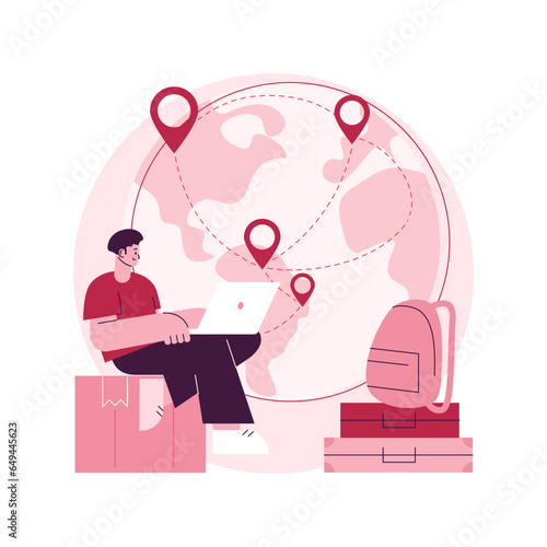 Nomadism abstract concept vector illustration. Without fixed habitation, rural nomad, hunters gatherers pastoral, non-sedentary people, movement, inside tents, riding a horse abstract metaphor.