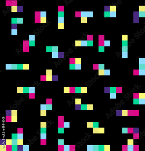 Seamless pattern brick pieces game background. Old 90s video game square template. Vector illustration. Game bricks tetris template. Color blocks. Colorful video game tetris. Isolated background.
