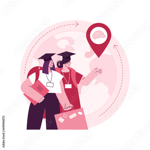 Brain drain abstract concept vector illustration. Emigration of qualified people, trained workers, human capital flight, buisness start up, man with suitcase, leave country abstract metaphor.