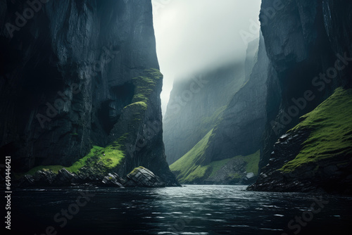 tall fjords. steep cliff. river, lake, creek. fantasy foggy, misty landscape.