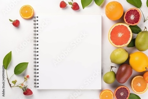 a notebook with fruit on a white background Generative AI