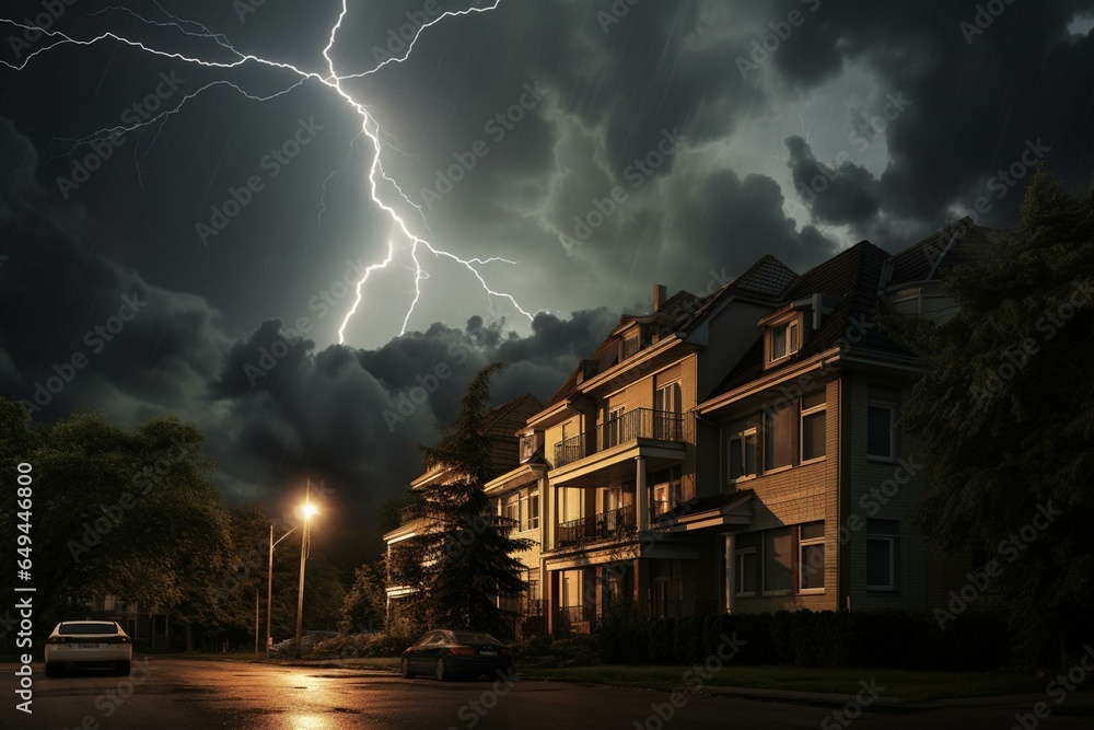 A gloomy sky with lightning striking above a residential building, depicting stormy weather. Generative AI