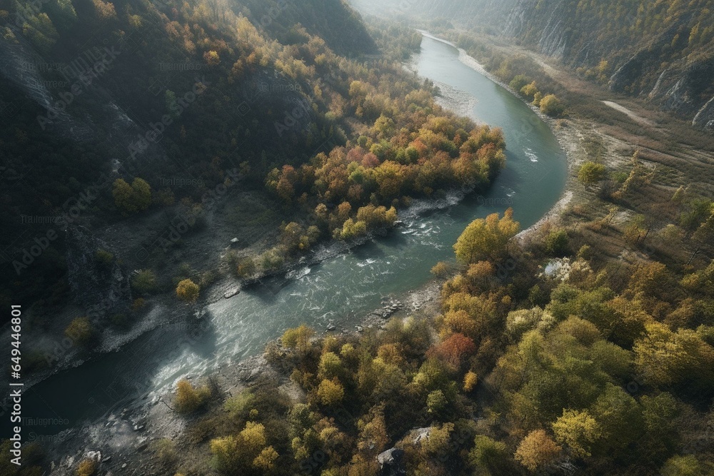 Bird's-eye view of a scenic river flowing through a valley. Generative AI