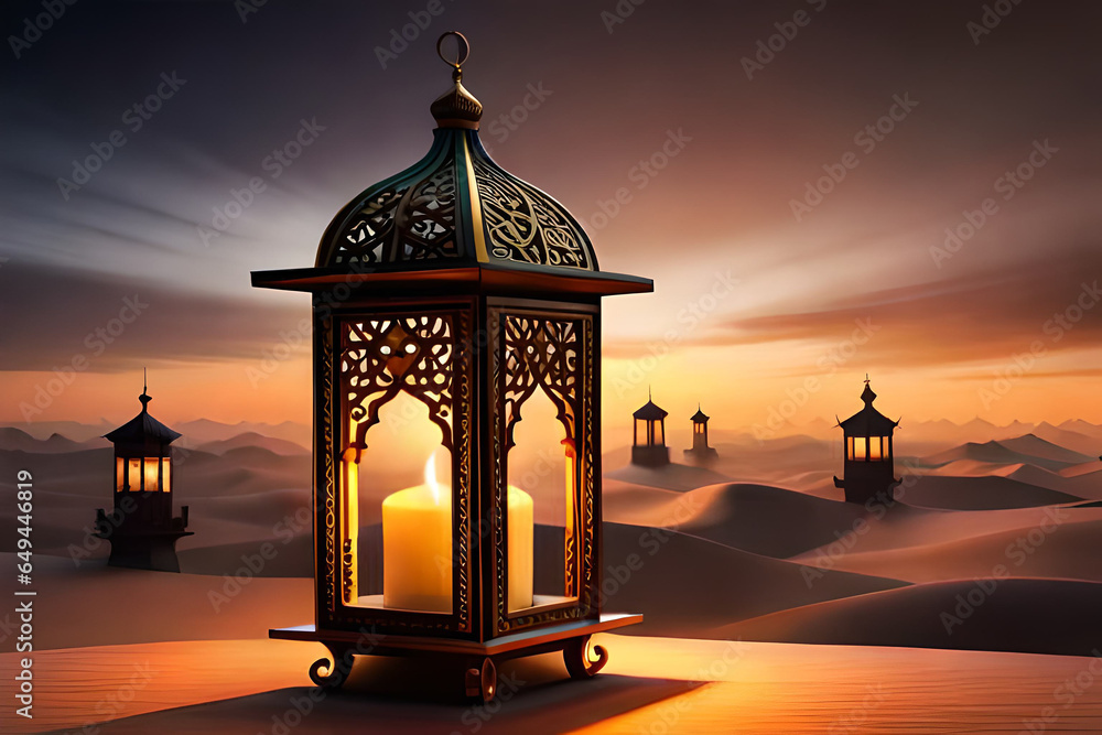 Ornamental Arabic lantern with burning candle glowing . Ornamental Arabic lantern with burning candle glowing .