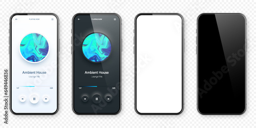 Online audio player user interface, smartphone app UI design. Music, media streaming and listening platform. Responsive mobile application. Neumorphism, neumorphic style. Vector illustration.