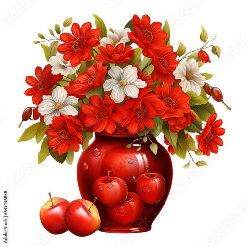 red vase with flowers and apples arpund vase, clip art photo