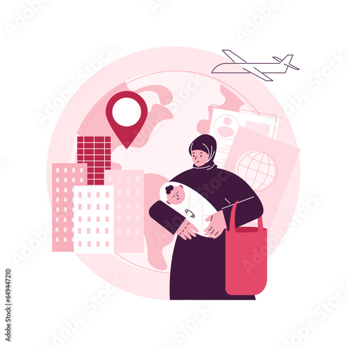 Female migrant abstract concept vector illustration. Female migrant worker, international marriage, philippine indian muslim woman, passport and documents, house cleaner, refugee abstract metaphor.