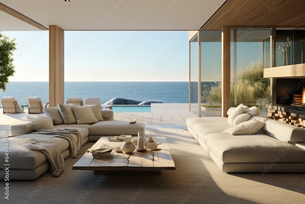 Luxurious beach house with ocean views, large windows, natural daylight, minimal furniture, summer vibes. Generative AI