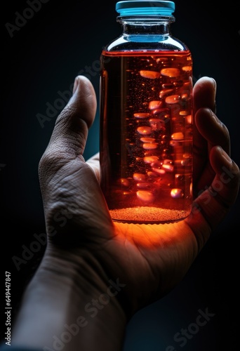 A person holding a jar of luminiscent liquid in their hand, AI photo