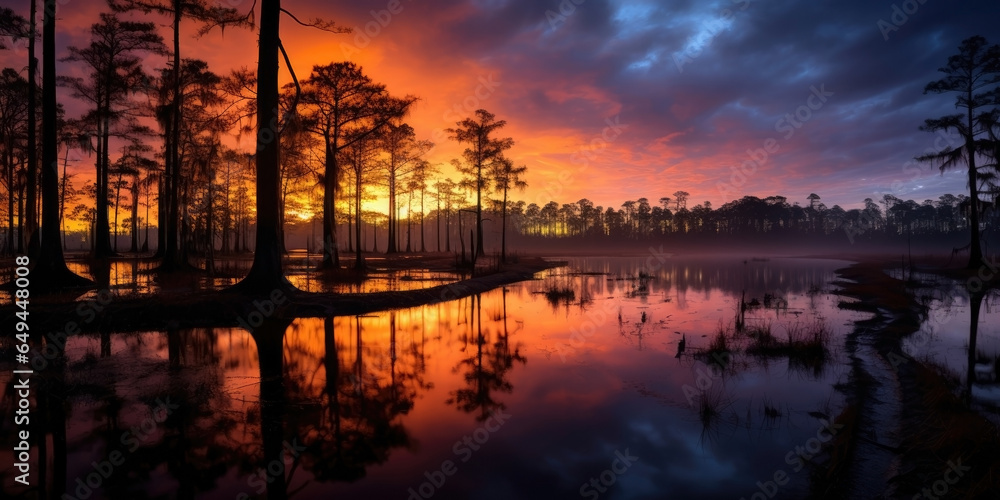 The Everglades, Florida. sunset, sunrise, dusk, twilight swamp. flooded landscape. rural lake, creek, swamp.