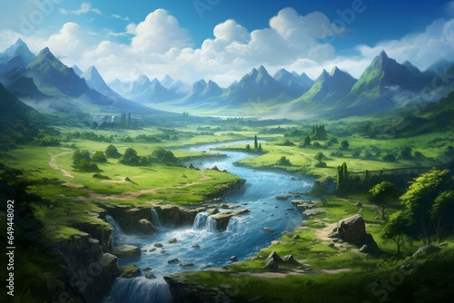 A flowing body of water surrounded by lush green fields and vegetation. Generative AI